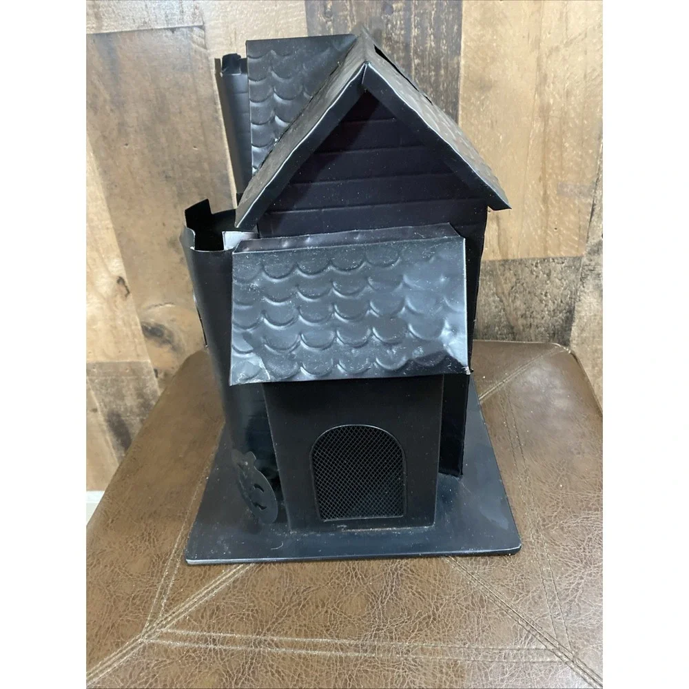 Halloween HAUNTED HOUSE Castle Tea Light Holder Black Metal Tin 12.5x9.5x12